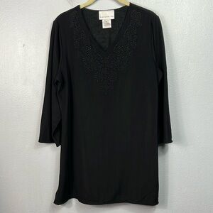 Susan Graver Style Black Beaded Neckline 3/4 Sleeve Tunic Top Medium